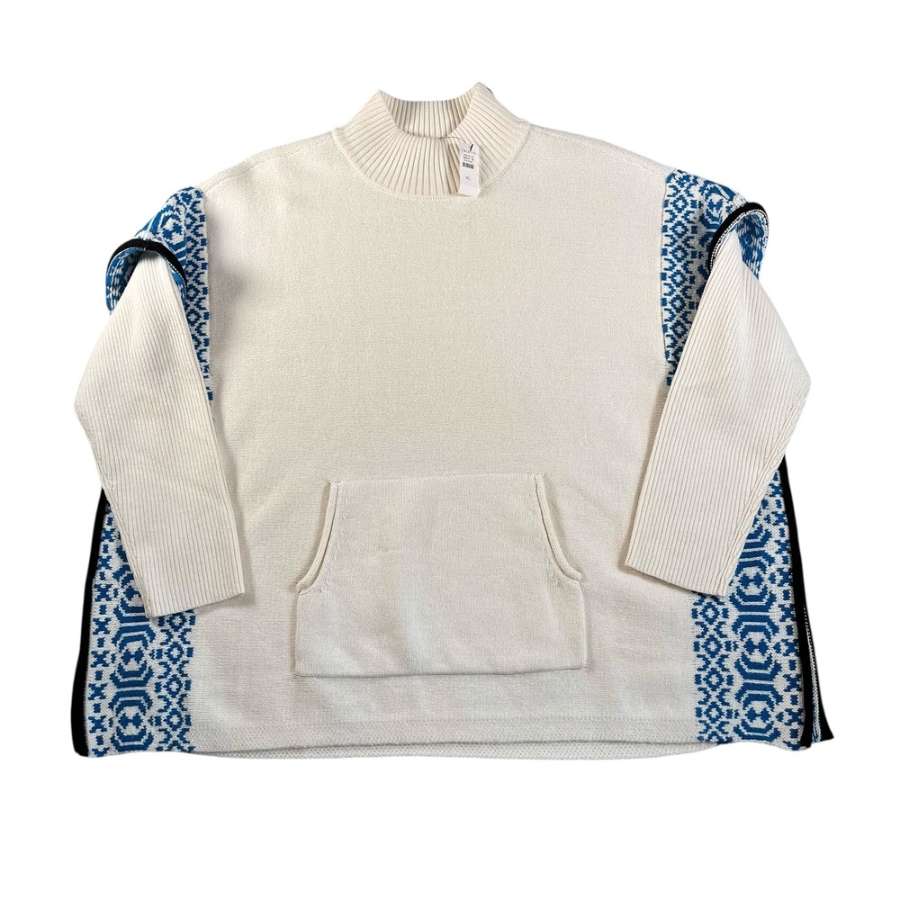 T by Talbots NWT Cream Blue Turtleneck Poncho Wintery Geo Sweater Size XL Pocket
